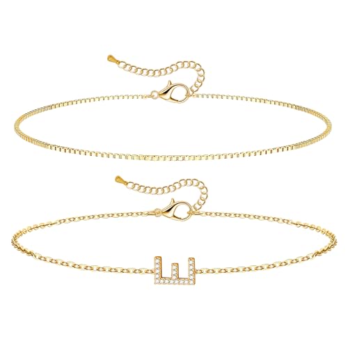 PMMD 2 Pcs Initial Bracelet Stack 14K Gold Plated Waterproof Copper Stackable Gold Bracelet for Women Adjustable Letter Pendant Friendship Bracelets for Mother's Gifts for Women Mum Wife Girlfriend-E