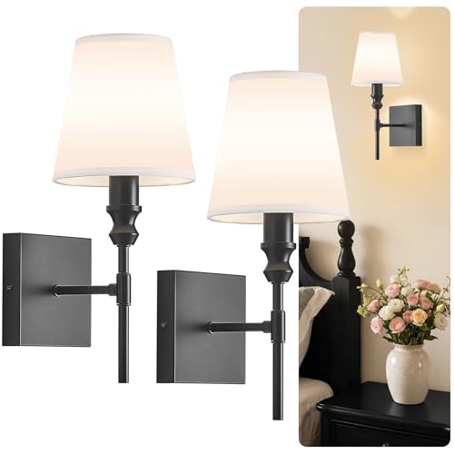 ZSMAIKU Vintage Bathroom Wall Sconce,Hardwired Bedside Wall Sconces Set of 2,Black Bathroom Light Fixture with White Fabric Shade for Bedroom Living Room Hallway Farmhouse,Convertible Height,E12 Base