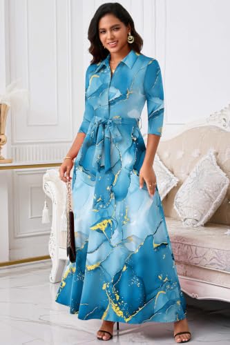 Image of Runwind Women Church Maxi Dresses 3 /4 Sleeve Button Down Print Casual Office Dress African