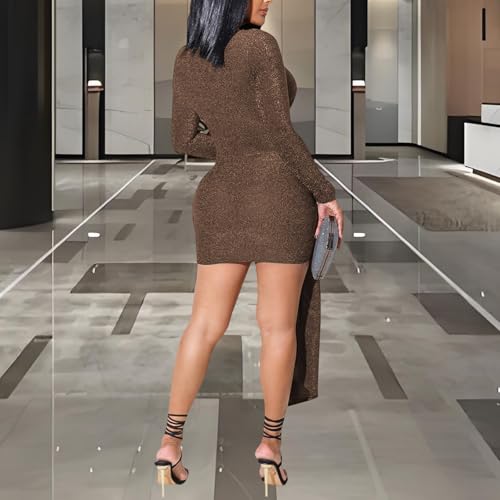 Image of Women's Casual Round Neck Long Sleeve Night Club Party Sexy Sparkly Bodycon Wrap Mini Dress