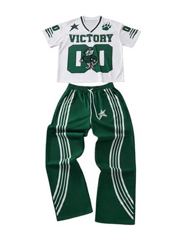 GORGLITTER Men's 2 Piece Beach Vacation Outfits Number Print Short Sleeve Jersey Shirts Drawstring Waist Pants Set