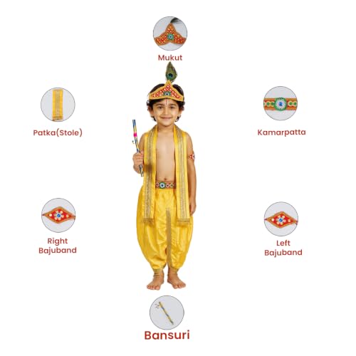 Image of Shri Krishna Costume Set - Ethnic Wear with Golden Jari Angavastram & Dhoti, Traditional Dress Set of 7 for Boys & Girls - Ideal for Janmashtami, Fancy Dress, and Festivals