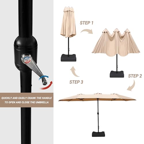 Bigroof 15FT Large Patio Umbrella with Base Included, Heavy Duty Extra Wide Outside Umbrella with 12 Ribbed Bars, Rectangle Outdoor Table Umbrella for Patio, Backyard, Pool, Deck & Garden, Khaki Brown — view 5