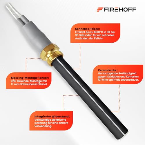 Keramikzünder für Pelletofen - Speziell für NORDICA EXTRAFLAME/SKIA/RAVELLI/DAL ZOTTO - 300 W, 89/94 mm, Ø 11,5 mm, Gewinde 3/8 mit Anschlüssen - PSX 6-240-B -1 Jahr Garantie