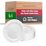 Smarty Had A Party - 9 Inch White Dinner Buffet Plates with Silver Rim – 120 Pack BPA-Free, Recyclable Plastic Dinner Plates for Parties, Weddings & Events