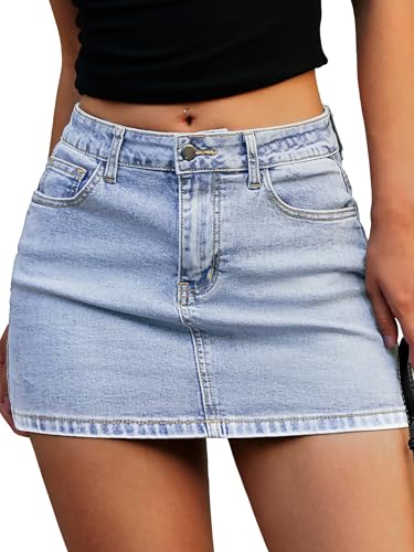ELLEVEN Denim Mini Skirt for Women Low Waisted, High Stretch Bodycon Jean Skirt with Shorts Underneath Casual Summer Cute Jean Skorts with Pockets Light Blue Denim Medium