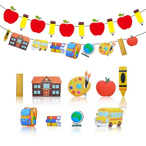 Handytoolinc Back to School Decorative Banner Set, Apple and Pencil Banner with School Supply Design, Classroom Welcome Decor