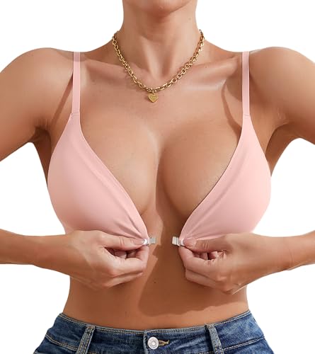 Image of DEANGELMON Front Closure Bras for Women Wireless Lightly Padded Bralett Seamless Low Cut V-Neck Lightweight T-Shirts Bra
