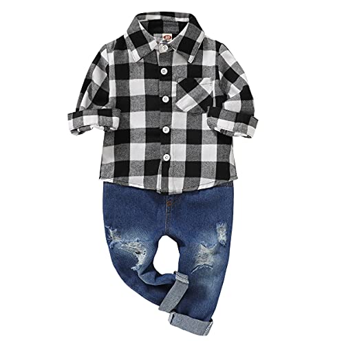 2Pcs Baby Boys Girls Toddler Infant Red Plaid Flannel Shirt Elastic Waist Ripped Holes Soft Jeans Outfit Set (18-24 Months, White Black)