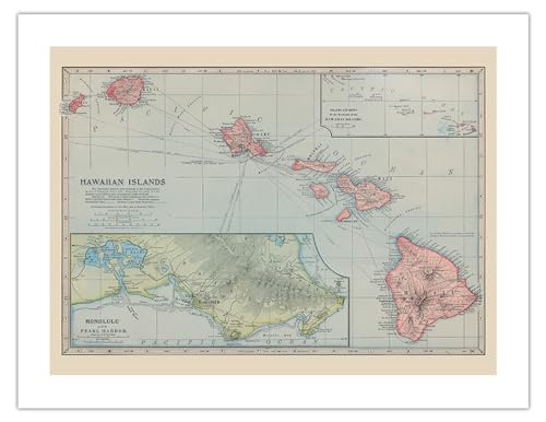 Hawaiian Islands Map - Pearl Harbor Honolulu - Vintage Colored Cartographic Map by J. Martin Miller c.1899 - Bamboo Fine Art 290gsm Paper (Unframed) 17x22in