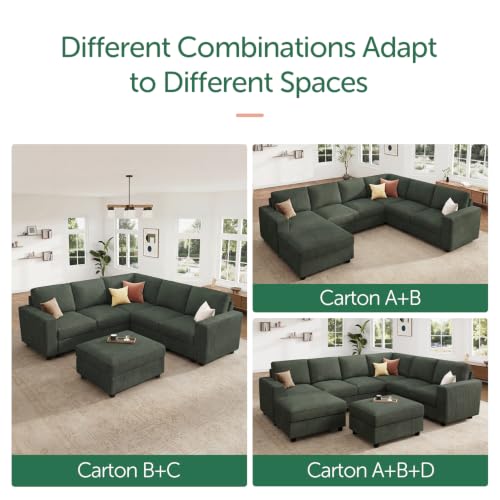 Image of HONBAY Corduroy Sectional Sofa with Storage Ottoman, 6 Seaters L Shaped Small Sectional Couch for Living Room, Green