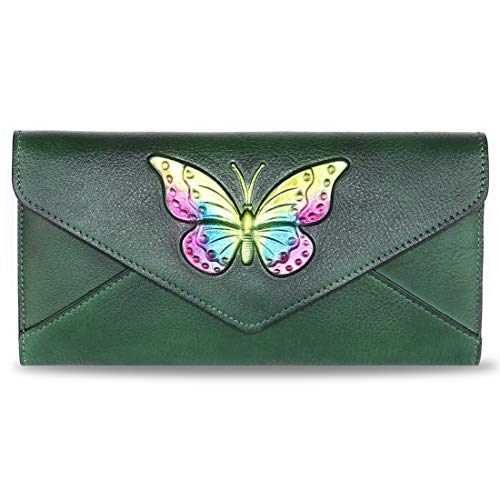 Genuine Leather Wallets for Women RFID Blocking Purse Vintage All in One Organizer Handmade Long Wallet Luxury Clutch (Green)