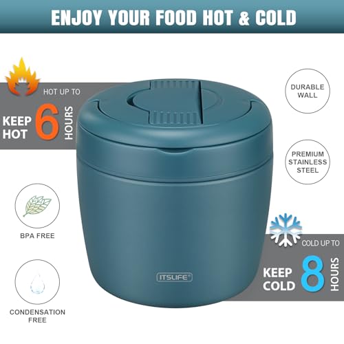 Image of Itslife 32oz Insulated Soup Thermo, Vacuum Stainless Steel Food Jar for Hot & Cold Food, Leakproof Wide Mouth Lunch Container with Spoon (Teal)