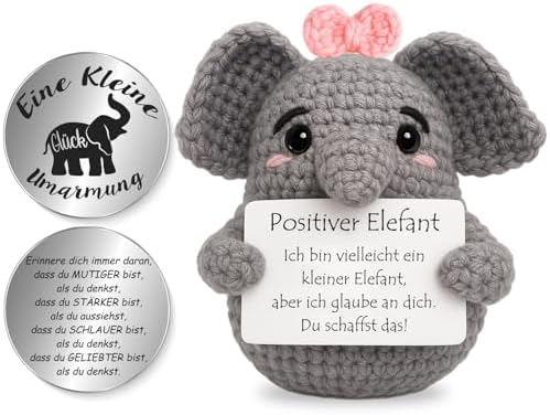 Tixlux Pocket Hug Positiver Elefant, Kreative Strickwolle Elefant Figur und Kleine Umarmung Glücksbringer, Geschenke zur Einschulung, MutmacherGeschenk, Gute Besserung, Einschulung