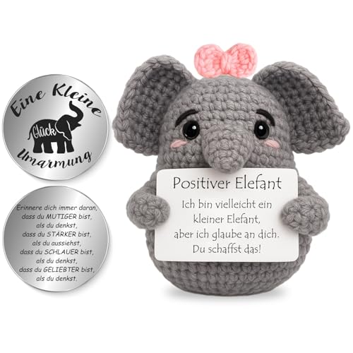 Tixlux Pocket Hug Éléphant positif, poupée créative en laine à tricoter et petit câlin, porte-bonheur, cadeau de rétablissement, cadeau de rentrée des classes (rose)