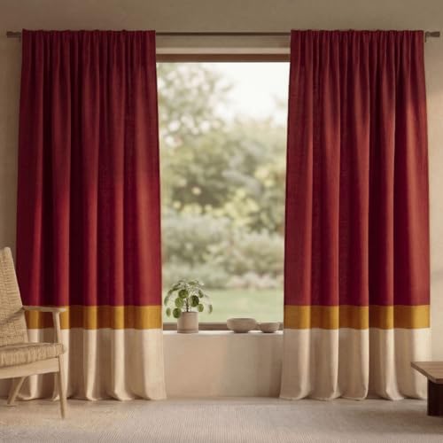 Image of Peepul Tree Cotton 7ft Door Curtain in Maroon & Off White | Woven Colour Block Design | 70% Semi Blackout | Top to Bottom Reversible Curtain