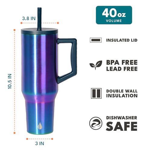 Image of Elemental Spill Proof 40oz Insulated Tumbler with Handle & Straw Travel Mug | Stainless Steel Commuter Travel Coffee Mug for Cold Beverages, Includes 2 Straws & a Spill Proof Lid for Everyday Use
