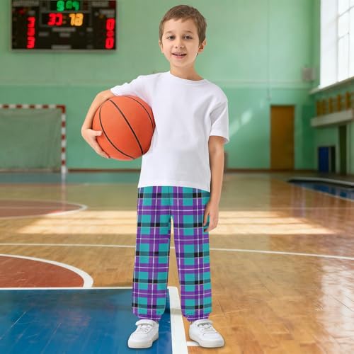 GuoChe Chłopięce spodnie dresowe dziecięce spodnie miękkie dziecięce sportowe spodnie elastyczna talia 3-10T, Fioletowa i turkusowa krata, 5 lat