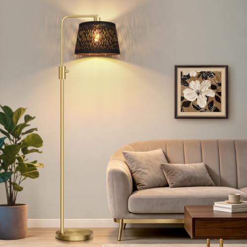 Image of 【Upgraded】 Dimmable Gold Floor Lamp, 1000 Lumens LED Edison Bulb Included, Arc Black Floor Lamps for Living Room Modern Standing Lamp with Black Grid Shade, Tall Lamps for Living Room Bedroom Office