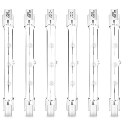 Bombilla Halógena R7S 118mm 300W 230V Blanco Cálido Regulable 2700K, Varilla Halógena Lineal J118mm R7S para Luces de Sala, Bombillas de Techo, Luces de Trabajo, Luces de Paisaje, Paquete de 6(6P)
