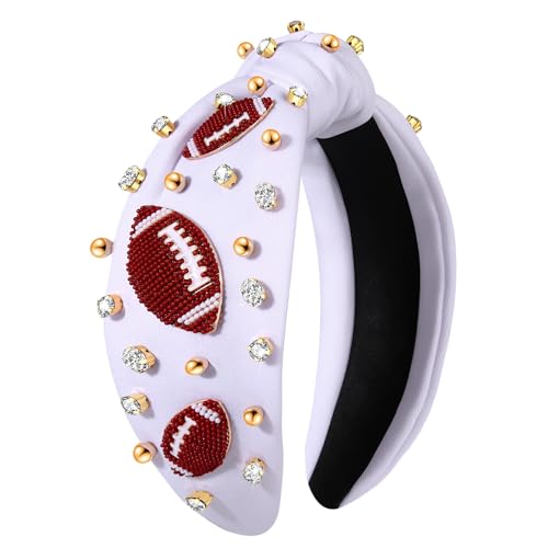CEALXHENY Football Headband for Women Football Accessories Beaded Football Rhinestone Crystal Knotted Headband Jeweled Embellished Game Day Top Knot Hairband Football Mom Hair Accessories (B-White)