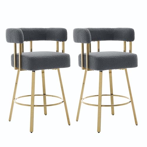Image of YITAI 27 inch H Counter Height Bar Chairs Set of 4, Modern Barrel Counter Bar Stools with Backrest and Arms, Gold Metal Legs, Teddy Velvet Upholstered Accent Barstools for Kitchen Island, Gray