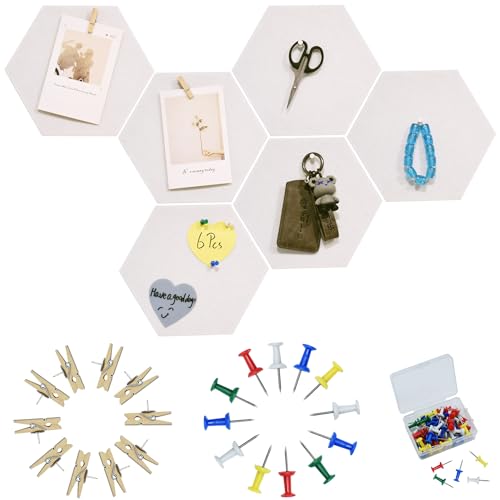 YOUDEFUL 6Pcs White Hexagon Bulletin Board Strips,White Felt Pin Board Bar Strips with 50 Pushpins, Self-Adhesive Felt Cork Board Strips for Wall to Display Your Notes, Photos, Schedules