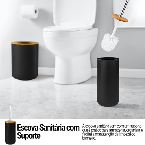 Kit Banheiro Completo 6 Peças com Acabamento em Bambu – Lixeira, Escova Sanitária, Dispenser de Loçã