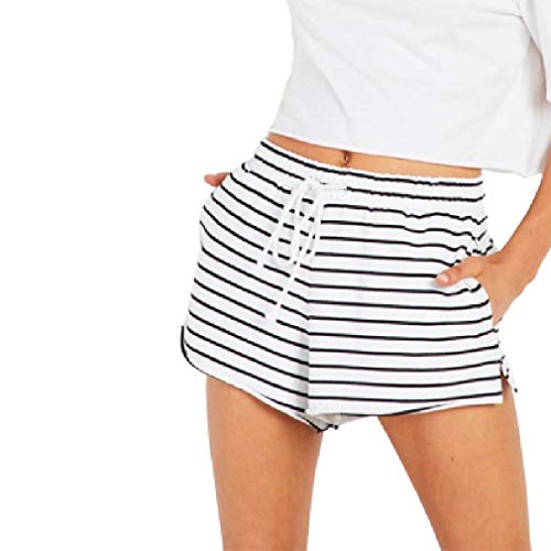 Short de praia feminino de verão com elástico e cordão listrado da KLJR, Branco, Small