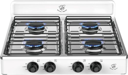 Royal Swiss® Réchaud à Gaz 4 Feux LPG – Cuisinière Gaz Portable 2,2 kW, Brûleurs Aluminium, Stable & Sécurisée, Camping, Jardin, Food Truck, Maison