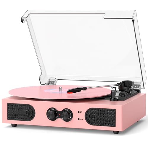 Vinyl Record Player with Built-in Speakers, Vintage 3-Speed Turntable, Bass/Treble Control, Headphone Jack, RCA/AUX Outputs, Belt-Driven LP Player, Pi