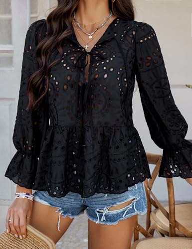 Women's Tie Front Peplum Blouses Puff Long Sleeve Babydoll Bow Shirts Hollow Out Eyelet Lace Tops2