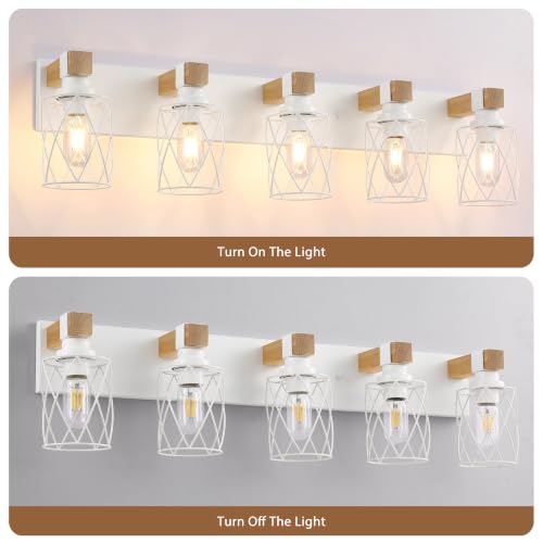 Image of Farmhouse 5-Light Wood Bathroom Vanity Light, White Metal Cage Shade | Mounted Over Mirror, Industrial Rustic Style, Ideal for Bathroom, Bedroom, Hallway & Living Room, Easy To Install