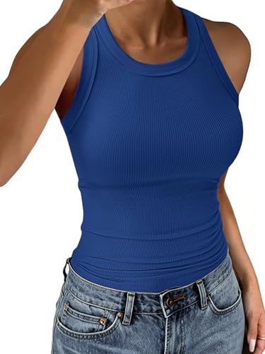 C.O.Z.Y Tank Tops for Women Ribbed Racerback Top Shirts High Neck Tank Casual Slim fit Basic Summer Tops Royal Blue XL