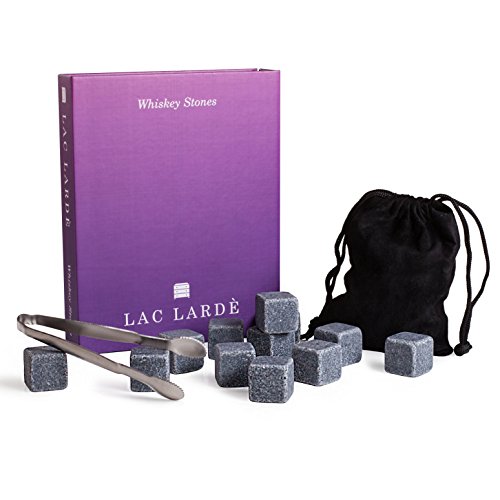 Whiskey Stones Set w/ 12 Granite Chilling Whiskey Rocks | Chill Your Scotch and Cold Drinks | Pouch, Tong and Pretty Box Included