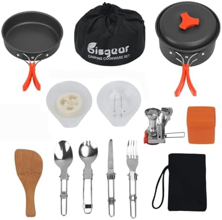 Bisgear 16pcs Camping Cookware Set - Backpacking Stove & Mess Kit - Pots, Pans & Accessories - Survival Gear