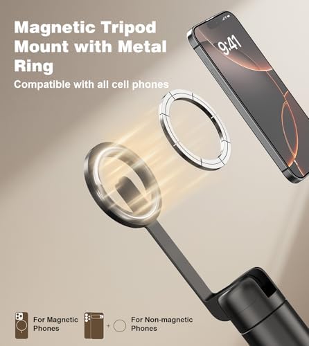 TONEOF 68" Magnetic Selfie Stick Tripod with Aluminum Strong Magnetic Holder for Magsafe, 360° Rotatable Travel Phone Tripod Stand with Metal Ring & Rechargeable Remote for iPhone/Android(Black) - 1