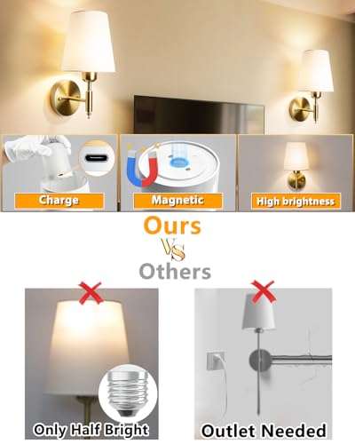 Image of Adetu Battery Operated Wall Sconces Set of 2, Gold Rechargeable Wall Lights