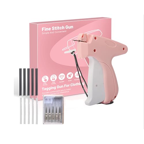 URANZL Stitchy Gun for Clothes - Handheld Stitch Gun Quick Clothing Fixer - Tagging Gun - Includes 5 Needle, 1000 Black Fasteners & 1000 White Fasteners (Pink)