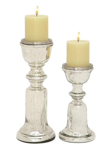 Deco 79 Glass Handmade Decorative Candle Holder Turned Style Pillar Candle Stand, Set of 2 Candlestick Holder 9\", 12\"H, Silver