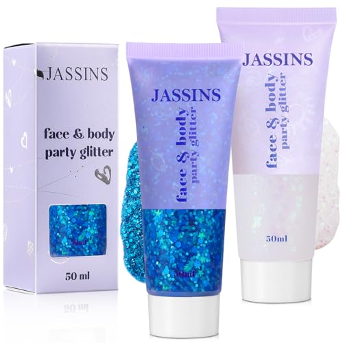 JASSINS 2PCS Body Glitter 100ml Blue and White Face Glitter for Women Girls Kids Glitter Gel Makeup Tween Gifts Singer Concerts Festival Rave Accessories Chunky Mermaid Sequins Glitter