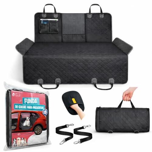 PYN Spot® Funda Coche Perro Asiento Trasero Impermeable 600D Antideslizante | Protector para Mascotas con Ventana de Malla, Solapas Laterales y Ajuste Universal