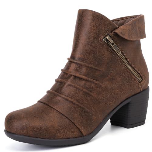 Ruiee Ankle Boots for Women Chunky Heeled Booties Fashion Comfort Round Close Toe Low Mid Heel Winter Fall Ladies Short Boots. 6 Beige Mf 981