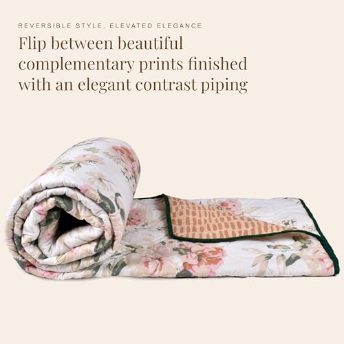 Image of HUESLAND Reversible AC Quilt Blanket Single Bed | 100% Cotton Quilted Shell, Super Soft 120 GSM Microfibre Wadding | Lightweight Comforter for All Weather Use | Blushing Blooms - 55 x 88 inches