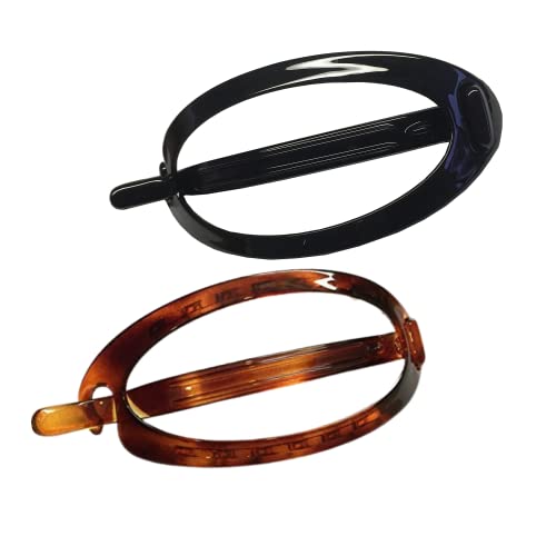 Parcelona French Plain Oval Large Tortoise Shell Brown and Glossy Black No Metal Hair Clip Barrettes by Parcelona