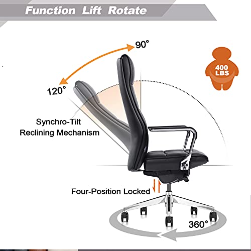 Genuine Leather Aluminum Base High Back Executive Chair,Modern Ergonomic Sterling Real Leather Executive Chair,Boss Executive Top Grain Leather Office Chair With Synchro-Tilt Mechanism-Black #TOP4