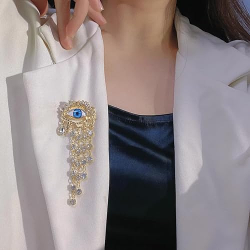 Image of Evil Eye Tassel Lapel Brooch Pin Golden Plated Crystal Lucky Blue Eyes Rhinestone Waterdrop Brooches Pins for Women Girls Dainty Jewelry Gifts for Dress Suit Hat Backpack Clothing Accessories