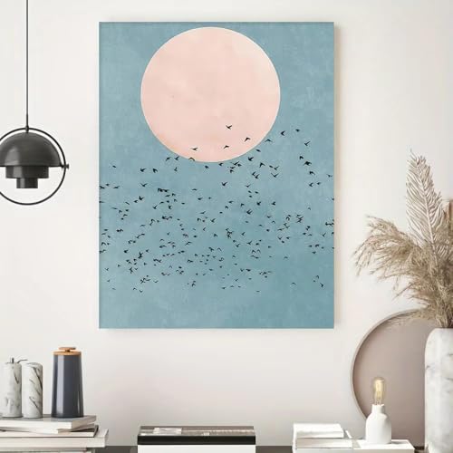 Tableau abstrait moderne salon décoration murale lune oiseaux 50x60