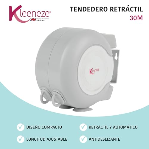 Miniatura 2 de Cuerda De Tender Retráctil Kleeneze Kl064332feu7 De 30 Metros, Montaje En Pared Con Un Soporte Giratorio, Duradera Y Compacta, Secado Natural, Uso En Interiores Y Exteriores, Gris