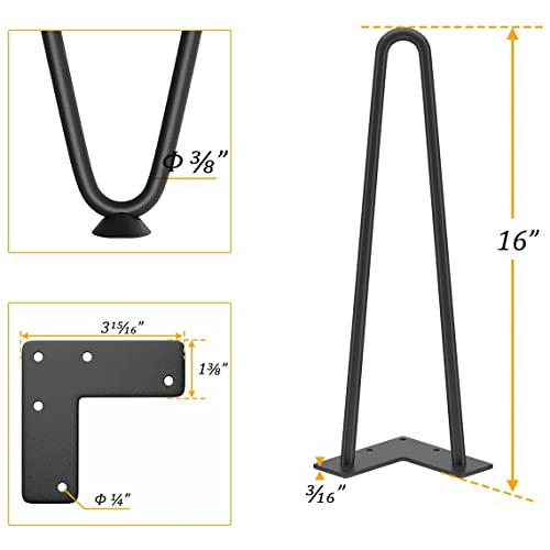 Genius Iron Hairpin Table Legs 16 inch, 3/8" Solid Metal Steel Firm Welding Home DIY for Coffee Table, Bench, Chair with Rubber Floor Protectors, Black, 4 PCS